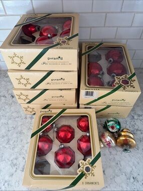 7 boxes of Vintage pyramid red ornaments